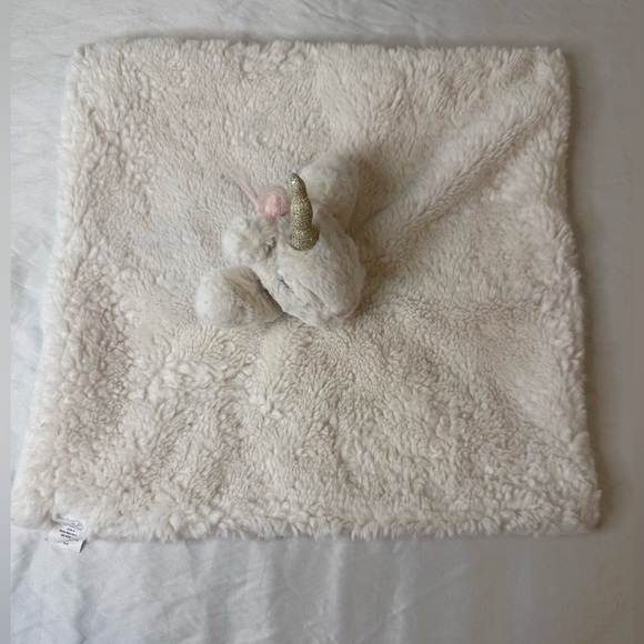 Mud Pie Lovey Unicorn Gold Horn Off White Fur Plush Pink Under Security Blanket - Picture 3 of 12